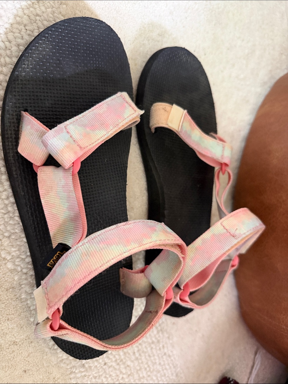 Teva black sandal with pastel pink and mint tie-dye straps